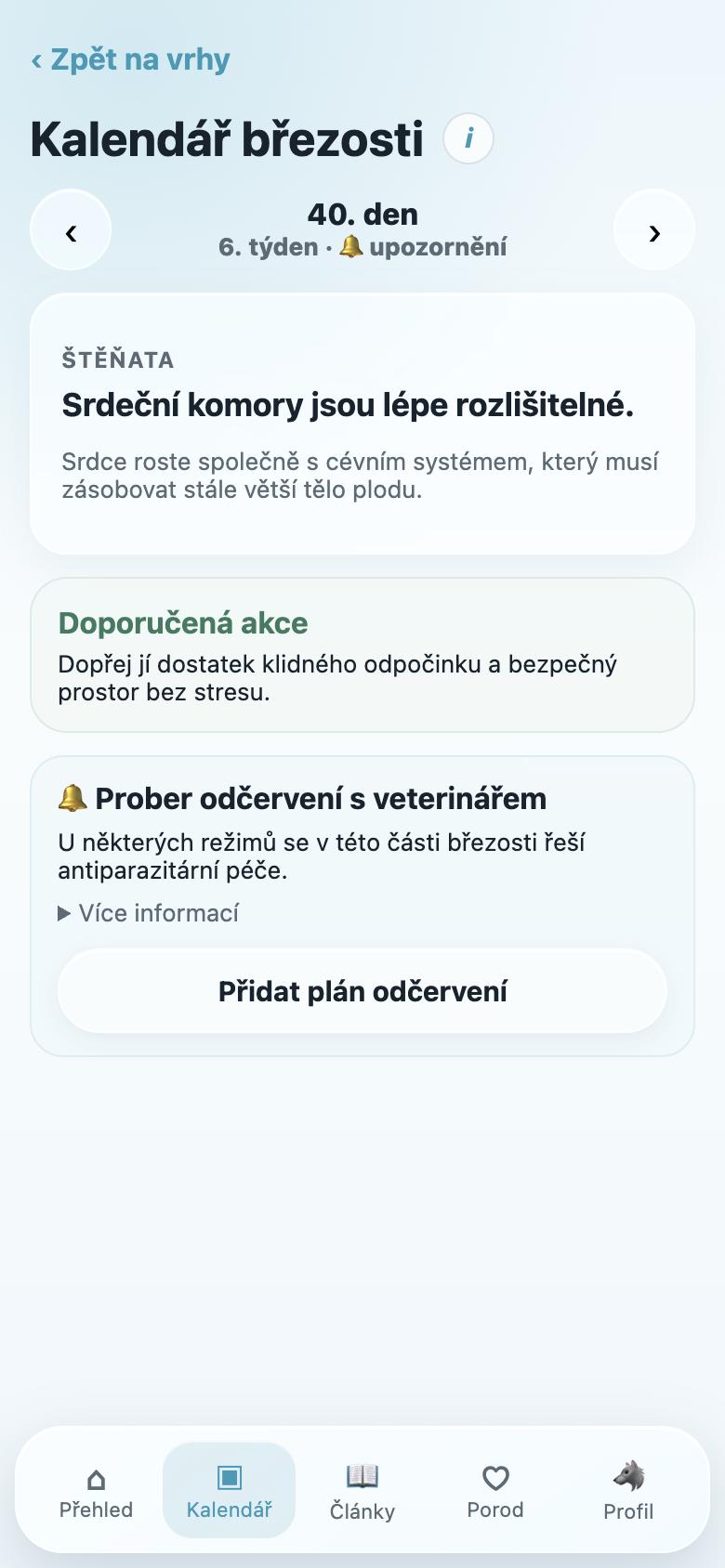 Kalendář březosti s upozorněním na odčervení v aplikaci Můj vrh