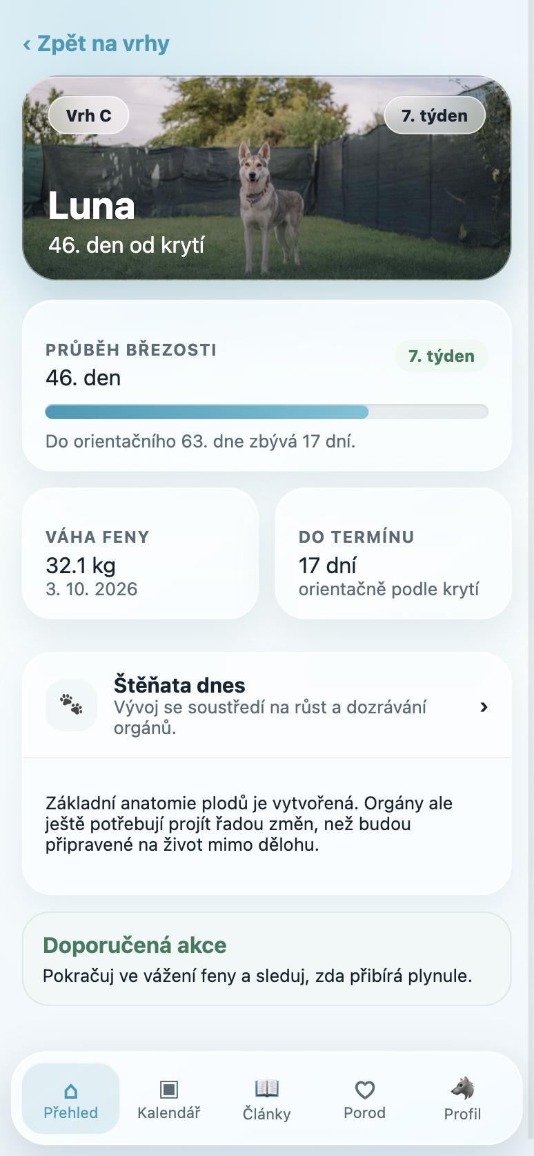Přehled březosti v aplikaci Můj vrh
